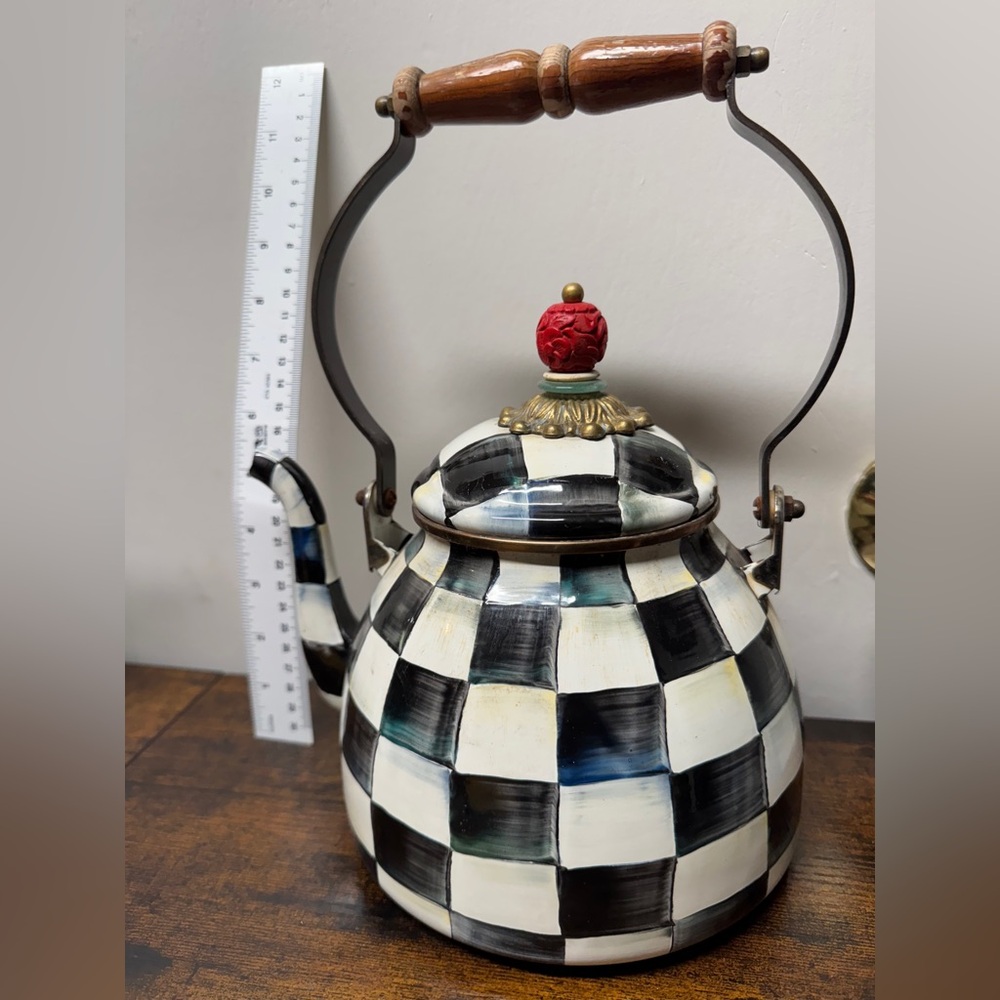 MacKenzie-Childs Black and White Checkered Teapot with Red Knob